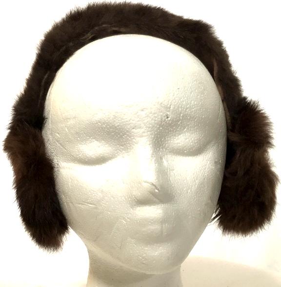 BAAR & BEARDS INC FUR Ear Muffs: Made in Japan specially for BAAR & Beards Inc. Brown Fur, possibly rabbit fur, ear muffs. Underside Lined with felt for head. 2 3/4 in. wide on band. Muff part swivels and measures 4 x 3 with fur adde