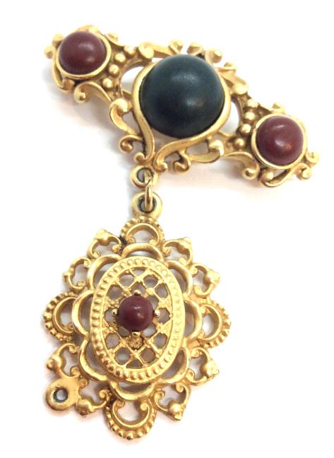 DKNY Brass Toned Metal Brooch Pin: Brooch pin with filigree form and four cabochons of unknown matte material. Loop on hanging pendant, no attachment. Measures approx 2 in by 3 in long, Fashion accessories, Ladies vintage costume estat