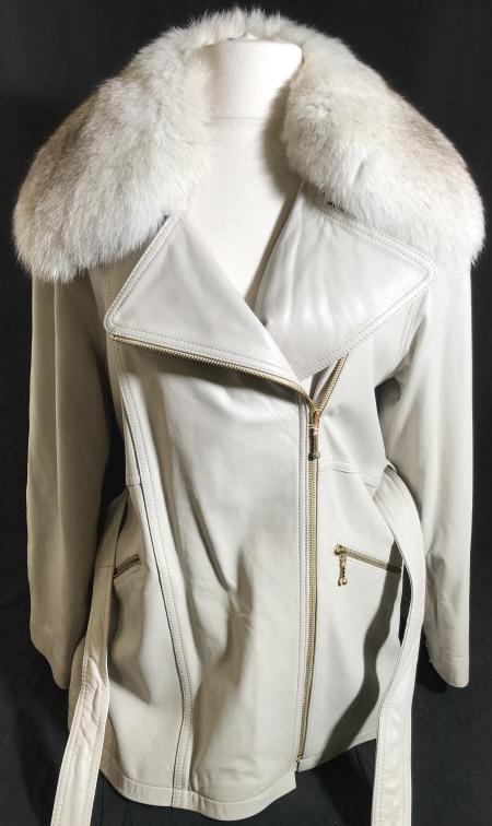 Argentinian Leather Jacket w Fur Lined Collar: CASA LOPEZ Tag, from Buenos Aires Argentina. Full Leather Jacket, Size M. Collar animal fur, unknown, possibly fox. Collar attaches with loop hook buttons, removable. Very light grey and stylish with
