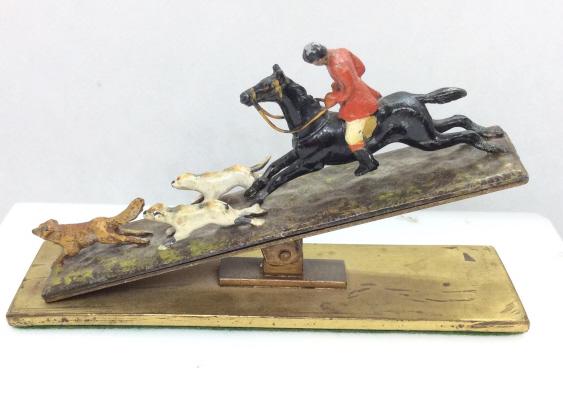 Vintage Brass Toned Metal Letter Clip, The Hunt: Appears to be Marked Germany, Brass toned metal, hinges letter clip, Sculptural design with rider on horse and dogs in pursuit of Fox. Office accessories, paper accessories, equine inspired decor, hun