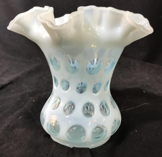 Vintage Sky Blue Bubble Vase: Vintage Vase w Clear Bubbles through out. Measures 6 1/2 inches in height, width 7 inches Approximately. Home Good, Houseware. tableware, vase vessel, shelf piece, bubble glass, art glass, No issues n