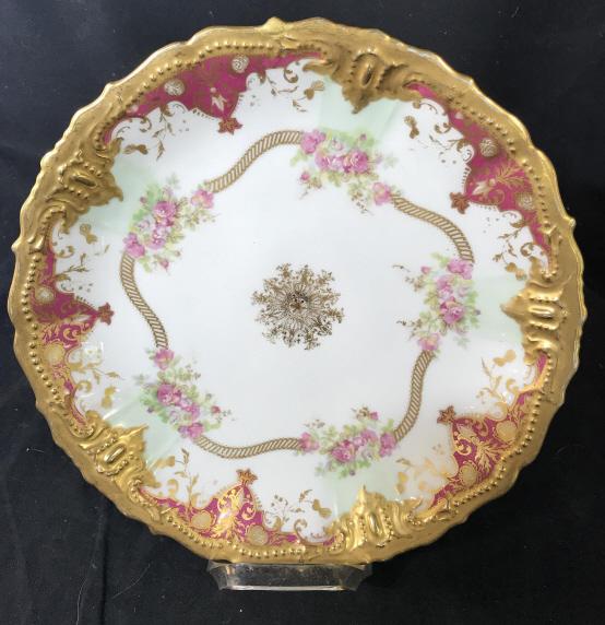 LS&S LIMOGES Vintage Plate: Vintage Floral Motif w Gold Trim. Stamped on Back LS & S Limoges, France. Decorative Plate, Platter. tableware, centerpiece, wall plate, shelf piece, decorative tableware, Houseware. Some minor wear s