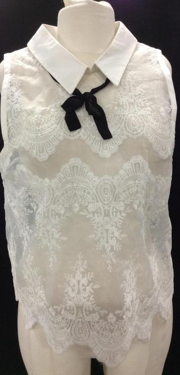 Vintage Marissa Webb Lace Style Bow Tie Top: Sleeveless top with collar and attached black ribbon bow tie. Size M. Scallop hem. Length approx 22 in. Arm diameter 8.5 in. Collar approx 8.5 in diameter. Vintage Fashion, Lace Style, Collar sleevele