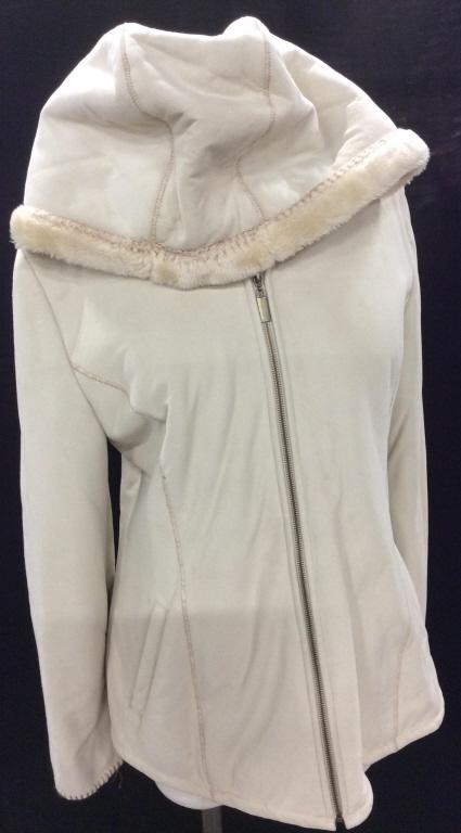 Hooded Vegan Suede Winter Coat by Marvin Richards: Designer Marvin Richards Vintage Coat. 100% soft polyester. Plush lining. Tag reads dry clean. All cream - beige color. Size M. Front side pockets, zipper. Length 27 in. Arm length, 26 in. Zippers eas