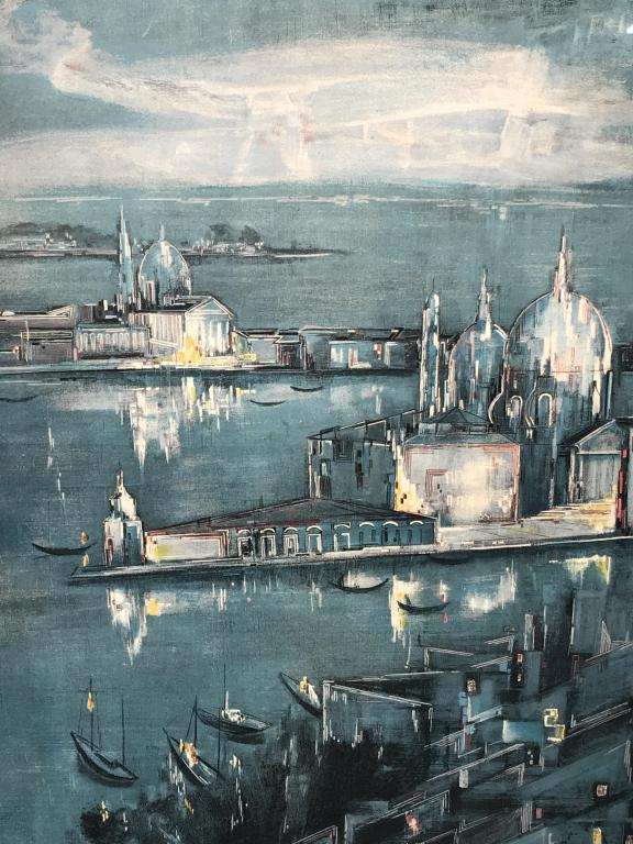 Signed & Numbered BLÉNY Print, Harbor Scene: Signed Blény for Jacques Blény (1925-1960) in pencil in lower right corner, numbered 192 / 200 in lower left corner. Print depicts blue tone harbor scene. Print is set behind glass in linen lined wo