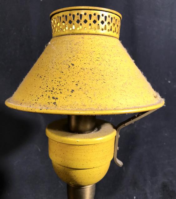 Vintage Yellow Tole Ware Lamp: Painted yellow metal and brass lamp, lantern, Tole ware, measures ht app 15 inches, needs new wire, home lighting and accessory