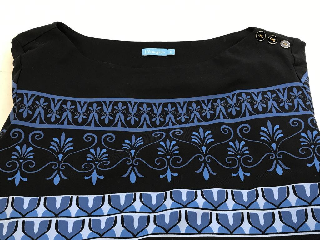 Luxury Designer J. McLaughlin 3/4 Tee: Blue Hue Designs On Black Background. Size M. Perfect for Fall Weather. Three decor buttons on shoulders. Made of Nylon & Spandex. Sophisticated Look. Measures 23 in. from shoulder. Arm length, 17.5 i