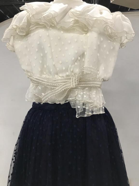 Vintage 50s Dance Party Ensemble: Matching Vintage Lord & Taylor Separates from Vintage Designer Jeri New York. Same fabrics and polka dot style. Top is white with spaghetti straps and chest to back ruffle which rest off the shoulder.