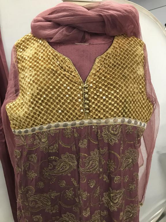 Cultural Indian Embroidered Dress Ensemble: Multi Fabric Indian Sari Dress with Scarf and Pants. Dress, approx size S/M. Top of dress plush with sequin design. Body of dress sewn in gold tone thread on rose garment. Paisley design with fabric h