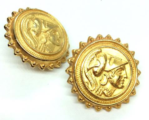 BEN AMUN Gold Toned Metal Gladiator Earrings: Marked Ben Amun on reverse, gold toned metal, Greco Roman Gladiator Head design, Measures approx 1 in long. Women’s vintage costume estate jewelry, ladies fashion accessory, wearable accessories. 4