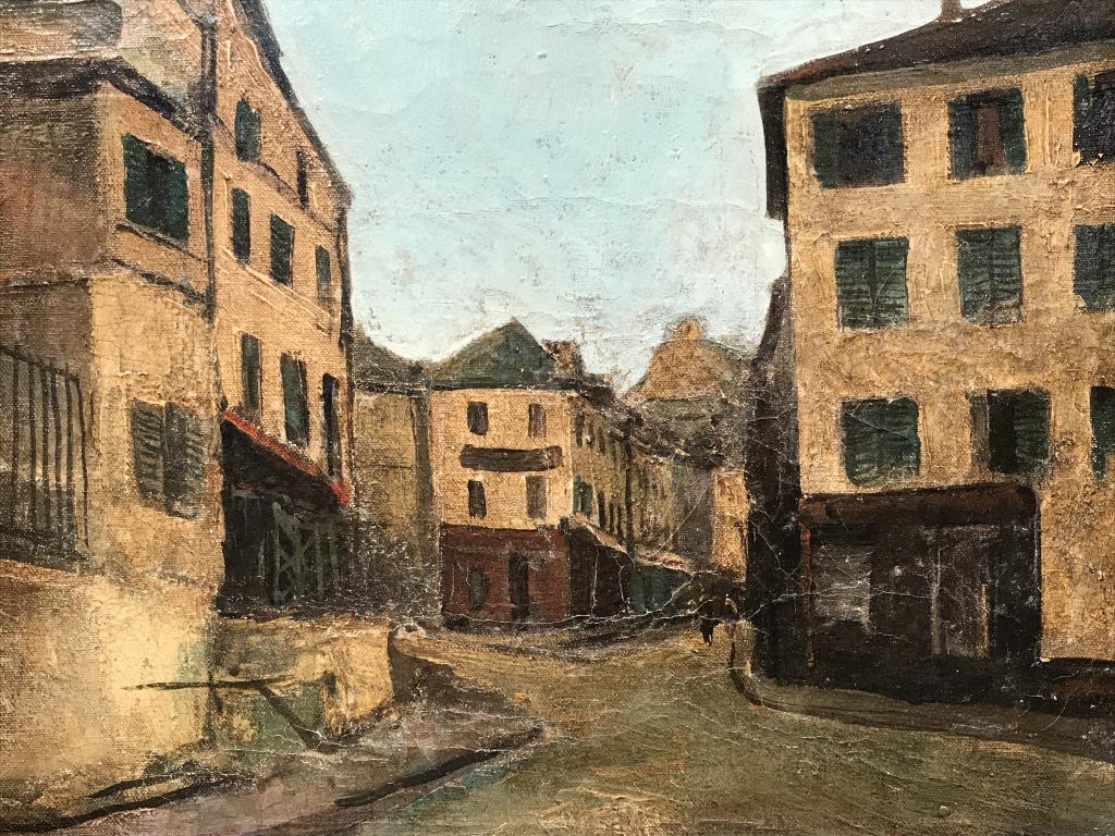 Signed Maurice UTRILLO Oil on Canvas, Street Scene: Attributed to Maurice UTRILLO (French, 1883 –1955), Signed M. Utrillo in lower right corner. Oil painting on canvas depicts street scene in neutral tone palette. Canvas is set in gold tone wood fram