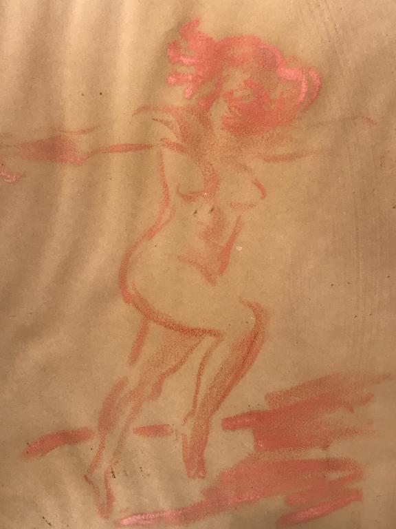 Signed John SLOAN Pastel on Paper, Nude Study: Attributed to John SLOAN (American, 1871 - 1951), signed in lower right corner. Pastel on paper drawing depicts nude female figure. Measures approx 10 inches by 15 inches. Paper is lined and set behin