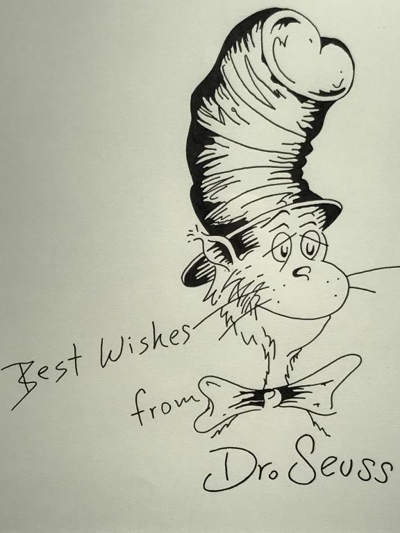 Signed DR. SEUSS Marker on Paper, ‘Cat in the Hat’: Attributed to DR. SEUSS (American, 1904 - 1991), signed and inscribed ‘Best Wishes from Dr. Seuss’ along bottom. Marker on paper drawing of the Cat in the Hat. Artwork measures approx 9 inches by 