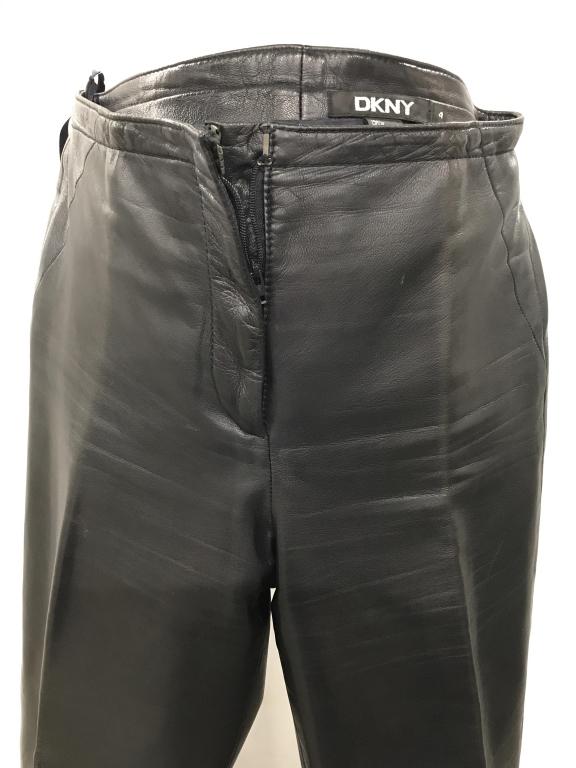 DKNY LEATHER PANTS: Designer Donna Karen, Size 4 , navy lined, black Leather Pants. Straight Leg. No fabric issues. Inseam, approx 31 in. Hook & snap closure. Hook needs to be fixed tighter. Designer Leather Pants, Leath