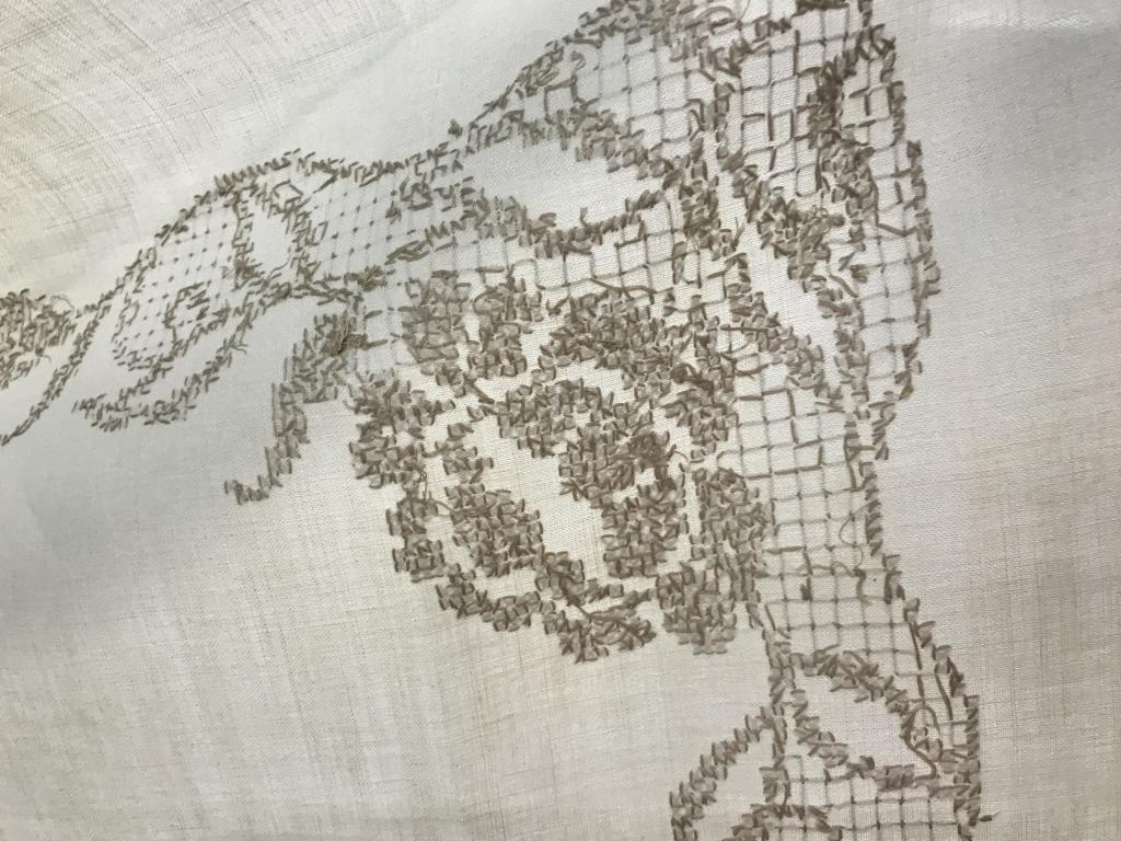 Hand Embroidered Dining Table Cloth: Cross Stitch Delicate Rose Pattern , Tan Thread On cream Linen Fabric. Recently Dry Cleaned. Scalloped Edges. Approx 67 x 82 in. Hand Sewn Dining Tablecloth, Linen Tablecloth, Cross Stitch On Linen, R