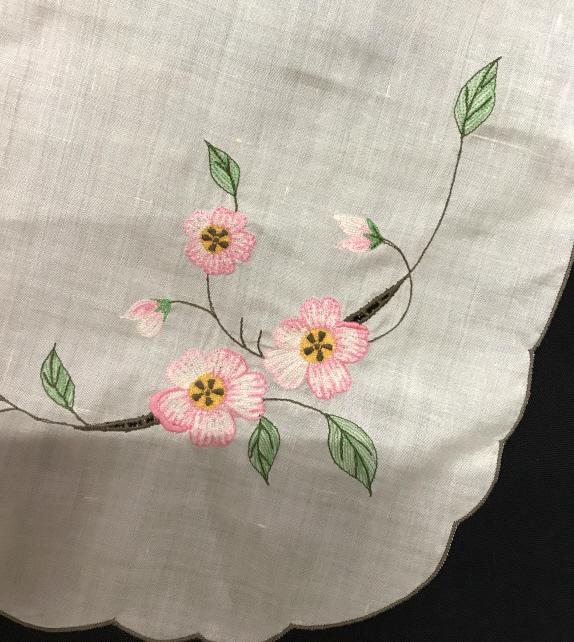 Vintage Floral Tablecloth Set: Pink Blossoms and vines on a possibly poly or poly blend fabric. Cream background. Side Table Runner, 12 1/4 x 87 in. Tablecloth, Approx 65 in x 115 in. / 5.5 Ft x 9.5 Ft. Both have rounded edges, lig