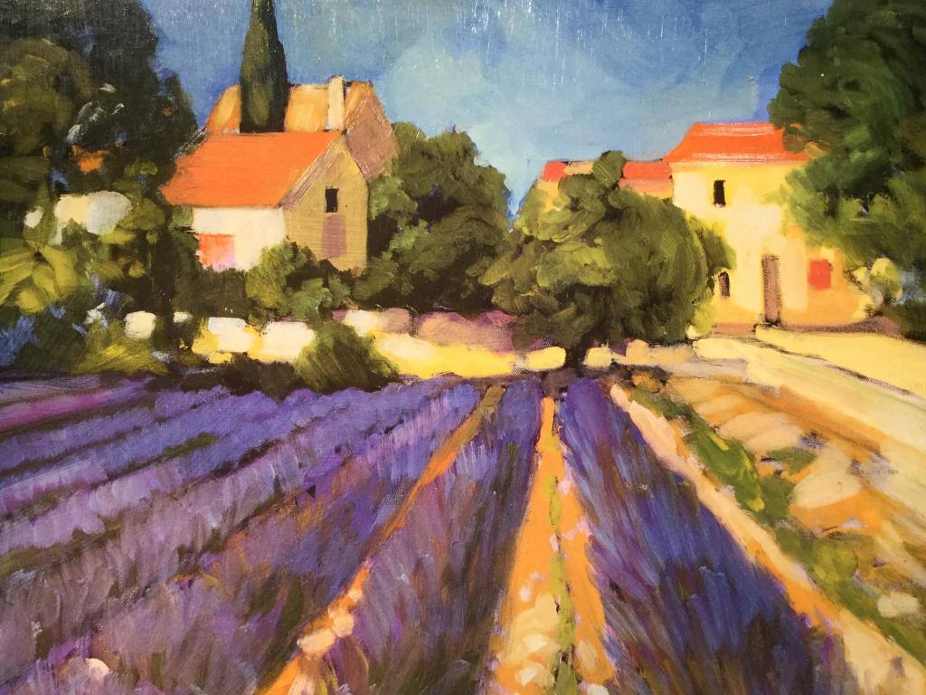 Textured Print On Canvas, Lavender Field: Illegible signature in print in lower right corner. Textured Print is set against canvas. Measures approx 24.25 inches in height and width. Some minor scratches on print by signature. Decorative wall 