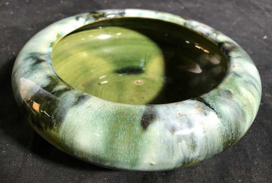 Glazed Ceramic MCM Vessel Bowl: Collectible pottery green and blue glazing, Vessel, tableware, Bowl, Arts And Crafts, Decorative Accessory, Measures ht 3 inches diameter app 8 inches