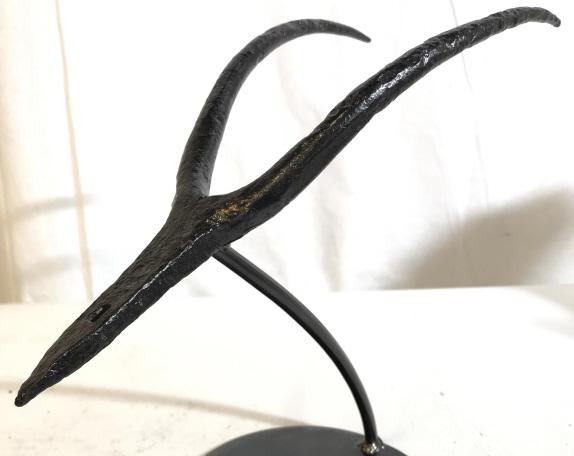 J.J Signed Industrial Modern Sculpture: Piece is signed And dated JJ 2005 on base of piece. Sculptures shape resembles pliers and/or wishbone, possibly abstracted / simplified rams head Piece measures approx 10 inches tall 11 inches wide, 6