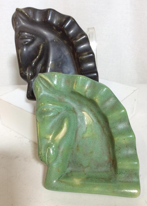 VINTAGE HANDMADE CERAMIC HORSE TRINKET DISHES: Handmade Tableware pottery. No signature found. Pottery pieces are in green and black. No evident chipping. Pieces measure approximately 6.5 inches by 5 inches. Vintage decor, pottery, vintage pottery