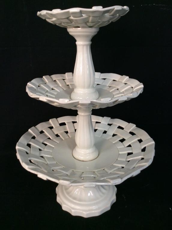 Porcelain Tiered Table Center Piece, Spain: Porcelain Tiered Table Center Piece. Dessert stand, hors d’oeurves Platter, centerpiece, tableware. Porcelain basket weave design. Made in Spain. Some surface wear, measures app 17 in tall by 12 in 