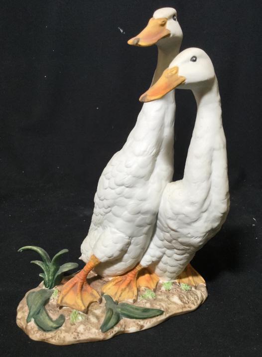 Royal Crown Running Ducks by T Jones: Bisque porcelain sculpture Figural Of Ducks, Collectible Tableware, decorative arts and accessories, shelf piece home decoration, animal statuary Signed, Measures app ht app 9.5 inches
