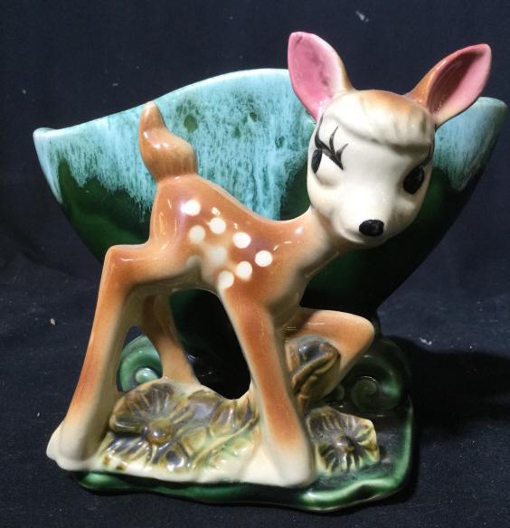Vintage Glazed Ceramic Bambi Vase Vessel: Made in USA marked underside, deer Figural with green drip glazed ceramic vase s scroll base, Decorative Tableware, vintage kitchen, collectible decorative arts and accessories, shelf piece home decor