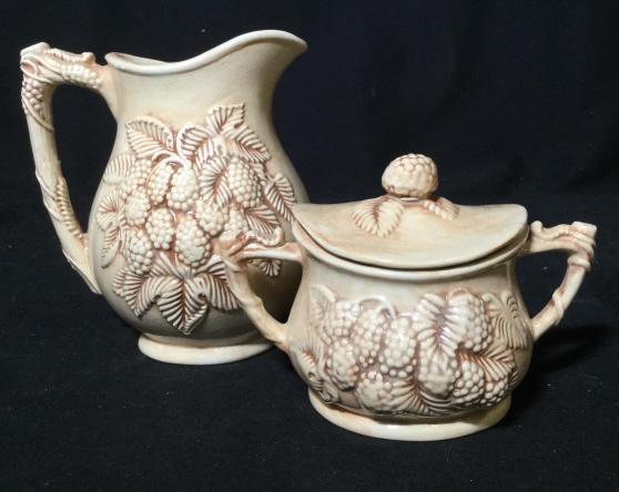 Signed Vntg Ceramic Pinecone Cream and Sugar Set: Pinecone Relief On Tall Creamer And Lidded Sugar Bowl, Glazed Ceramics, Vintage Tableware, tea service accessories, taller measures ht 6 inches signed ag on undersides,