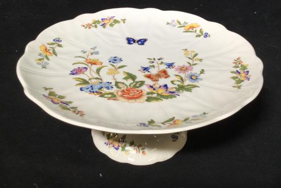 AYNSLEY Porcelain Pedestal Cake Plate: Made in England, cottage garden pattern, dessert ware, table ware, English Bone China, decorative arts and accessories, shelf piece home decoration, tableware measures ht 4 inches diameter app 9.5 inc