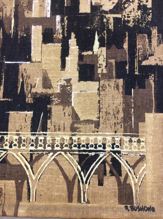 R BUSHONG SIGNED TAPESTRY: Possibly burlap or canvas. Painted cityscape in brown tones. Measures approximately 57.5 in by 50 in. Rolls up for storage. Comes with black hanging rod. Signed artwork, tapestry, painted tapestry, ar