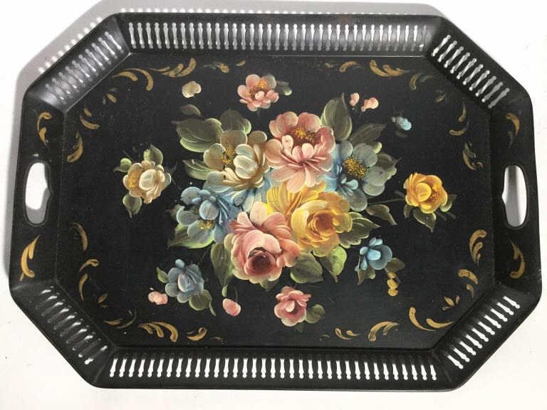 Hand Painted Tole Ware Tray, Philadelphia.: Marked with label on underside Art - GIft product hand painted Toleware Philadelphia, pierced sides hand painted floral medalian and decor, dresser tray, drinks Tray, gallery Tray, tole ware, surface 