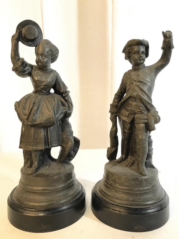 Lot 2 Vintage Metal Male & Female Figures: Lot includes 2 metal figures. Piece are vintage. Includes 1 male and 1 female figural. Pieces measure approx 10 inches tall 4 inches wide. decorative arts and accessories, shelf piece home decoration,