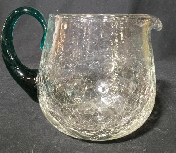 Crazed ArtGlass Pitcher Jug Vessel: Vase, Tableware, Arts and Crafts, Decorative accessories,Measures ht app 6.5 inches diameter handle to spout app 9 inches