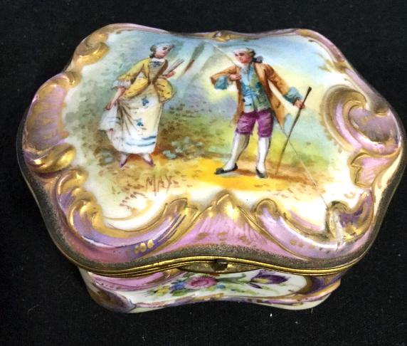 Antique French Porcelain Trinket Box: Label underside reads LEVIELE, 12 East 37th Street, New York, trademark underside, Hand Painted Lid And sides Victorian scenes inside Floral Painted porcelain, measures ht app 2 inches top app 2 by 3 
