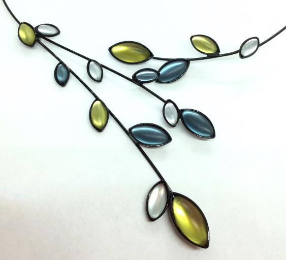 Artisan Made Necklace w Iridescent Cabochons: Black toned metal wire necklace with leaf design with green white and blue cabochons, Cabochons possibly glass or composite material. With open front design, measures app 7 1/2 in long from back to fr