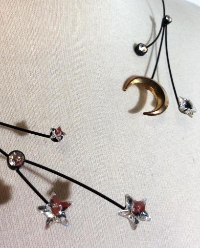 Artisan Made Necklace w SWAROVSKI Crystals: Black toned metal wire necklace with rhinestones, Swarovski Crystal stars and Brass Toned metal crescent moon, With open front design, measures app 7 1/2 in long from back to front, Women’s vintage