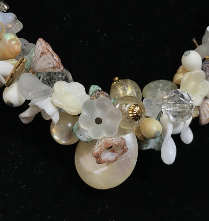 Unique Statement Cluster Necklace W Shells & Beads: Cluster necklace has neutral and pearlescent toned beads and shells. Fully extended, necklace measures approx 18 inches in length. Twist clasp closure. Vintage necklace, unique Statement necklace, Est