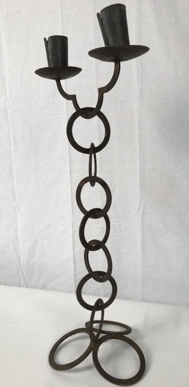 Vintage Metal Iron Standing Modernist Candelabra: Vintage Metal Modernist Candelabra, Hand crafted hand forned iron metal sculptural candle holder, 31 in tall x 12 in at widest point between candle holders, rusted, Formed as joined rings in columnar