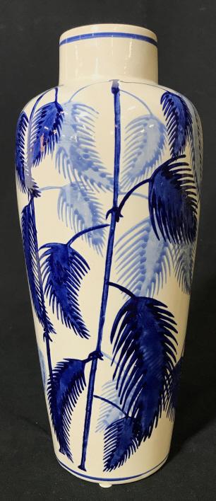 Blue & White Ceramic Vase W Leaf Motif: Blue & White Ceramic Vase W Stem Leaf Motif, no condition issues noted, measures approximately 12.5 inches tall x 5 inches in diameter. Vase, Tabletop Accessories, Home Decor, asian arts and crafts, B