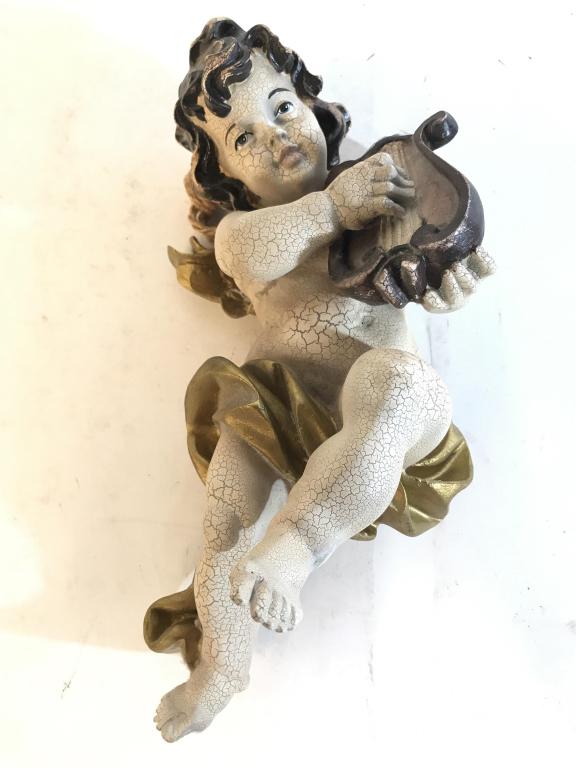Vintage Carved Composite Cherub W Harp Figural: Piece is vintage. Piece is a carved composite material. Piece is possibly hand painted. Contains evident surface wear small chips & crackling. Measures approx 11 inches long 5 inches wide 4 inches tal