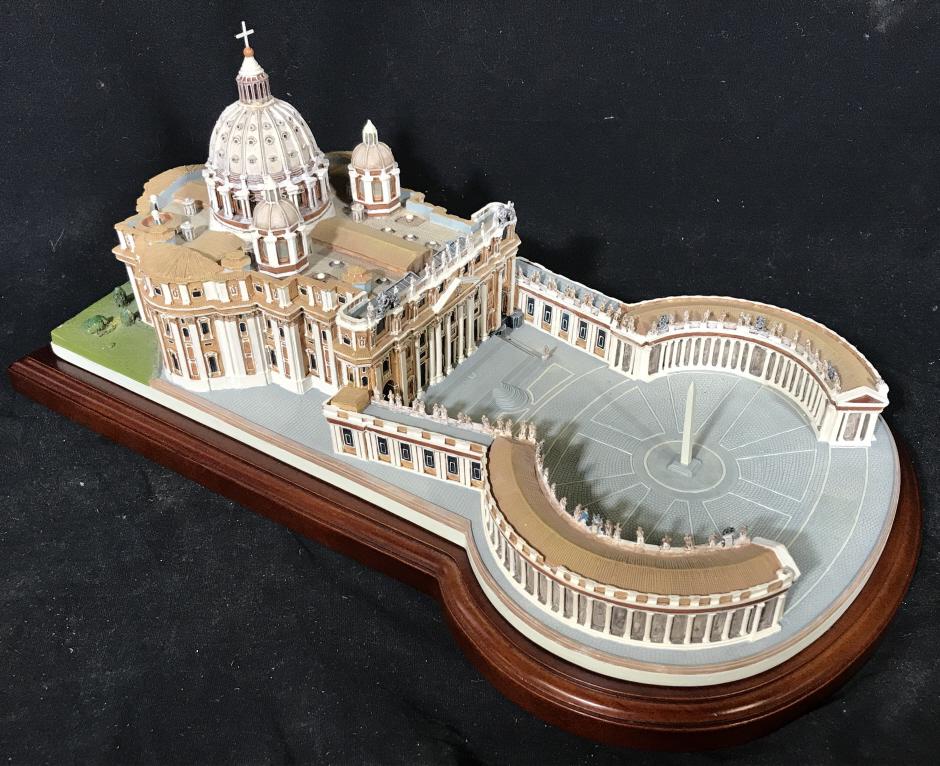 Danbury Mint Miniature Replica, The Vatican: Resin miniature replica of St. Peter’s Basilica from the Vatican City in Italy, made by The Danbury Mint from the Historic Catholic Churches collection. Architectural replica features obelisk, dome,