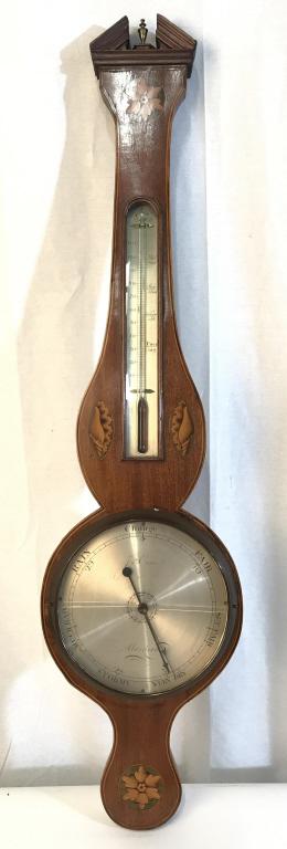 ABERDEEN BANJO FORM Antique Barometer W Inlay: Piece is marked ABERDEEN. Piece is wooden with inlay. Face of barometer is silver toned. Contains shell & floral detail. Piece measures approx 39 inches tall 10 inches wide. Glass over barometer face 