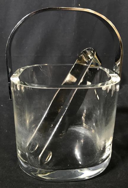 Vintage Glass Ice Bucket W Silver Toned Tongs: Vintage Glass Ice Bucket W Silver Toned Tongs And handle, Measures approx 8.5 inches tall from base to top of handle x 6 inches wide x 5 inches deep, some surface scratches. Barware, Holiday Entertain
