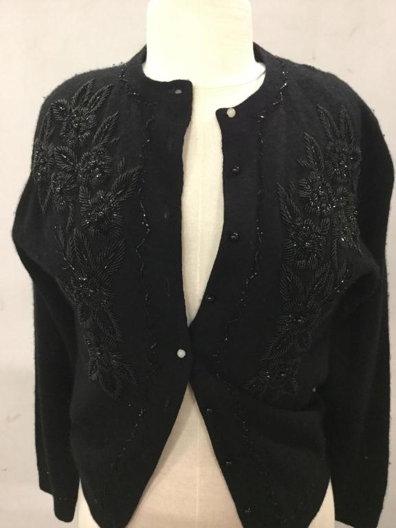 Custom Made Beaded Cashmere Sweater, Vintage: Tag reads ‘Dunhill Fashions Custom Tailors, Kowloon, Hong Kong. Size 36. Crop Sweater, intricate beading in floral motif. Interior lining, including reinforcement of button area to prevent pulls. Ar