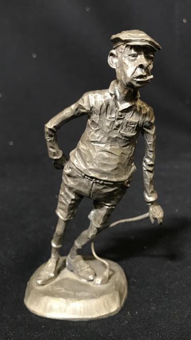 Comical Pewter Golf Figural: Comical Pewter Golf Figural Of a golfer leaning on a bent golf club by Philip Kraczkowski, measures approximately 5.5 inches tall x 3 inches wide, marked on base by Philip Kraczkowski, marked on under