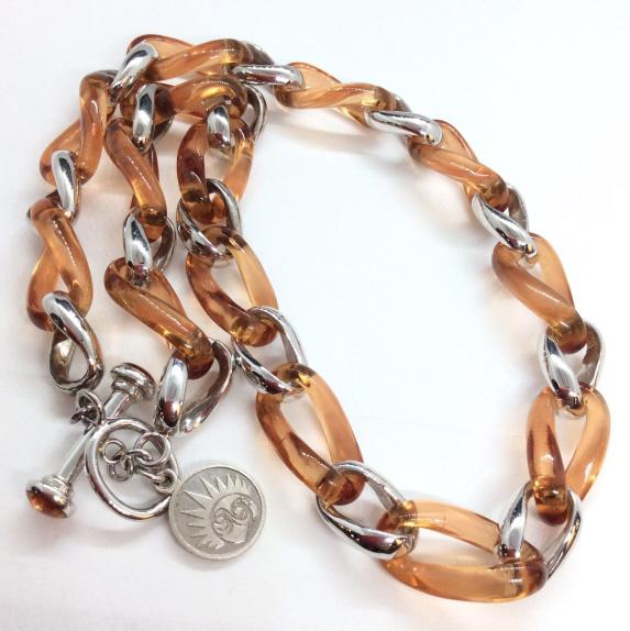 Sterling Silver Necklace W Bakelite: Sterling silver, oversized links, with blush toned composite material links, appears to be Bakelite, charm near end marked 925. measures approx 9 in long. Women’s vintage estate costume jewelry, lad