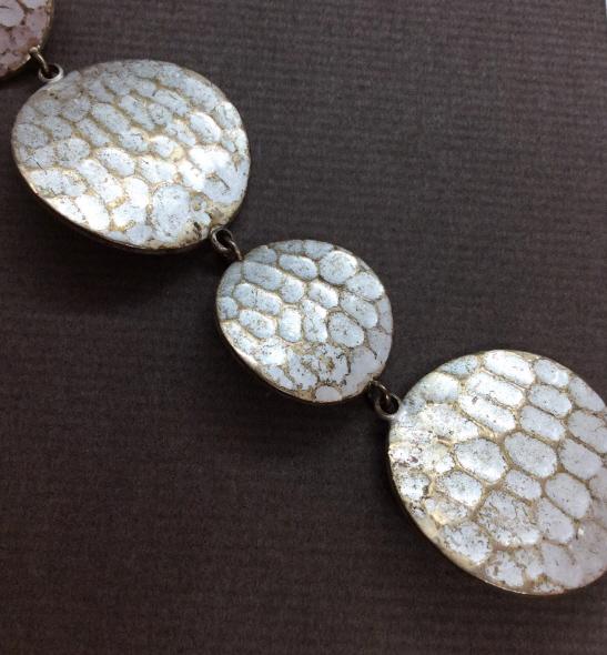 KENNETH COCE Hammered Metal Bracelet: Silver toned metal discs, hammered style metal, some discoloration to metal. Marked Kenneth COCE New York On End. Measures approx 7 1/2 in long from end to end, Women’s vintage estate costume jewelr