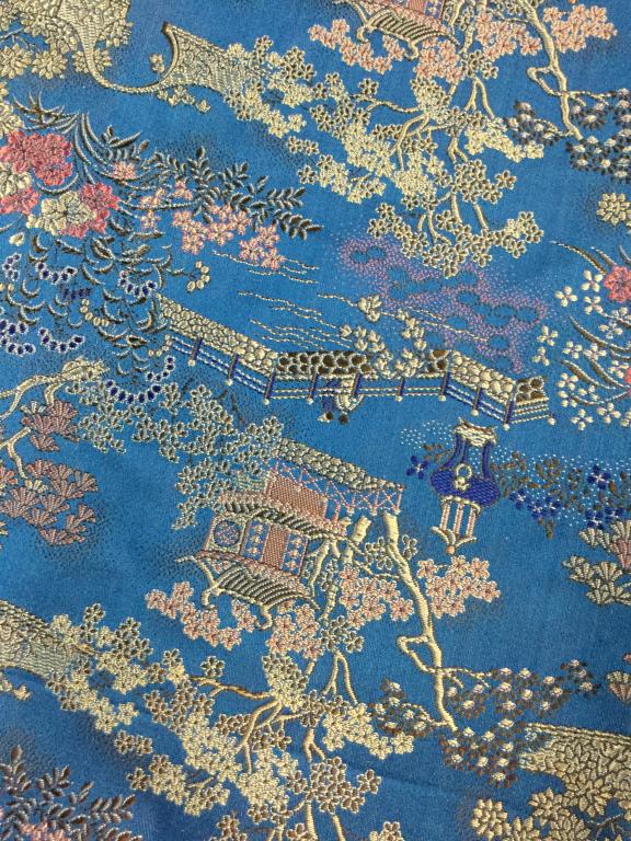 30 Yards Colorful Suzhou Brocade Silk Fabric: Multi-colored Suzhou (Soochow)-Style brocade silk One side of fabric has multi colored stripes like pinks, purple, and whites, and other side is vibrant celeste / sky blue with floral and gazebo / arc