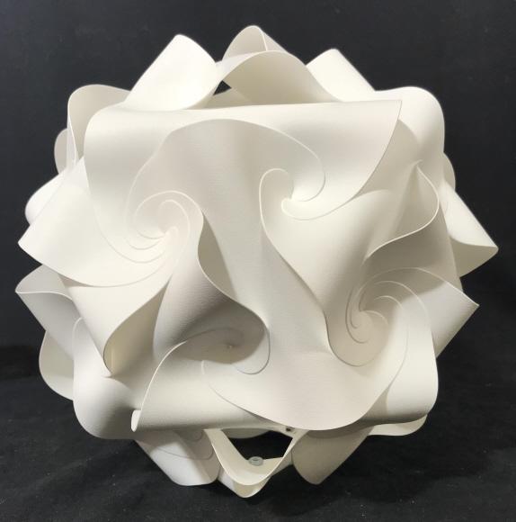 MCM Origami Style Ceiling Pendant from EQ Light: New in box. Luminaire pendant ceiling light in origami style, white in tone. Pendant measures approx 10 inches in diameter. Box includes hardware and installation instructions. Modern industrial light