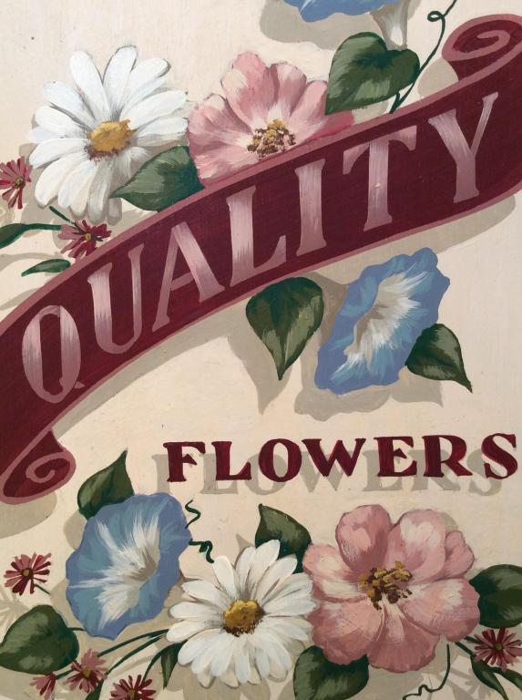 Signed Painting on Board, Flowers Advertisement: Advert reads ‘Quality Flowers.’ Signed illegibly in lower right corner. Measures approx 19.6 inches in height by 14.75 inches in width. Decorative wall art, floral art, signage art. vintage inspir